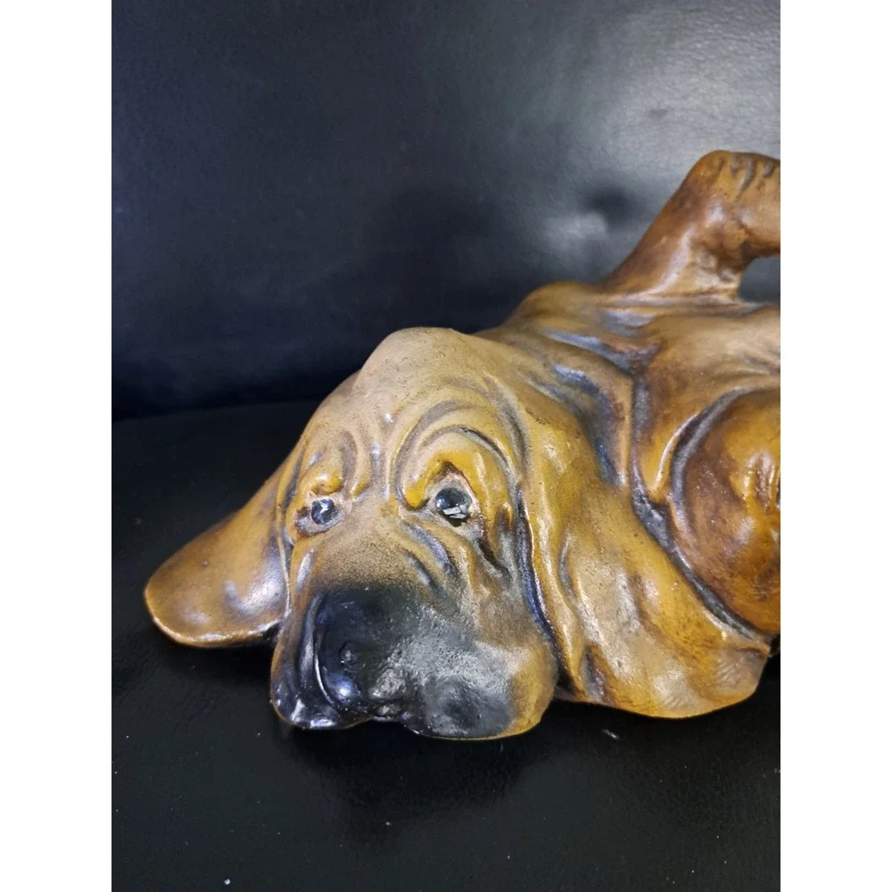 Vintage Chalkware Bassett Hound Dog Sad Eyes Laying On His Back Brown Black 12 